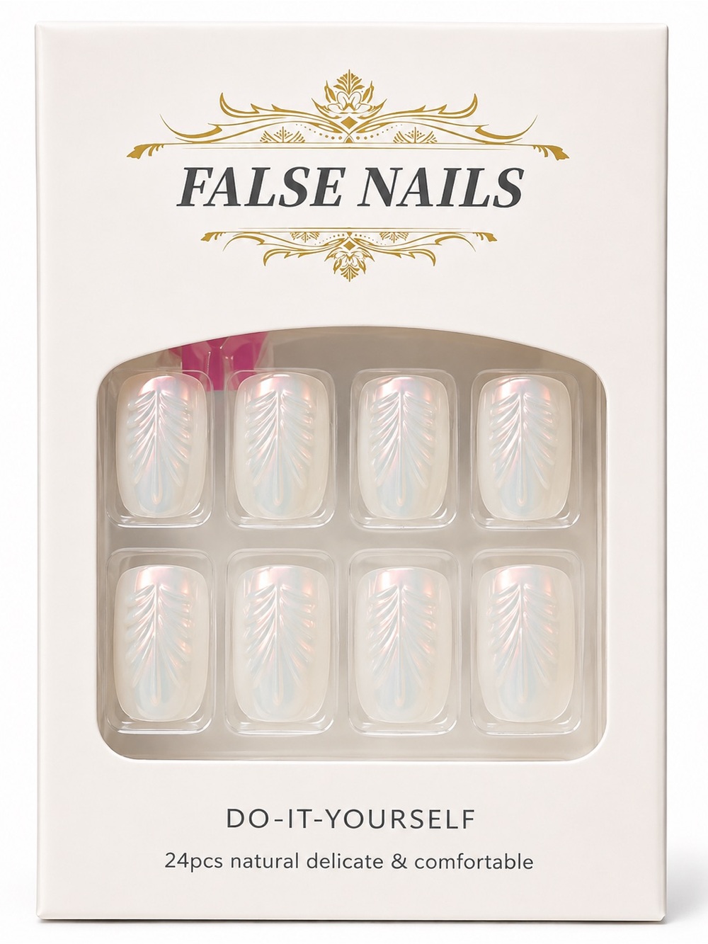 Pearl White Iridescent Press On Nails 24pc Leaf Design NEW
